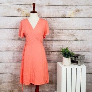 Lulus Harbor Point coral pink wrap dress.